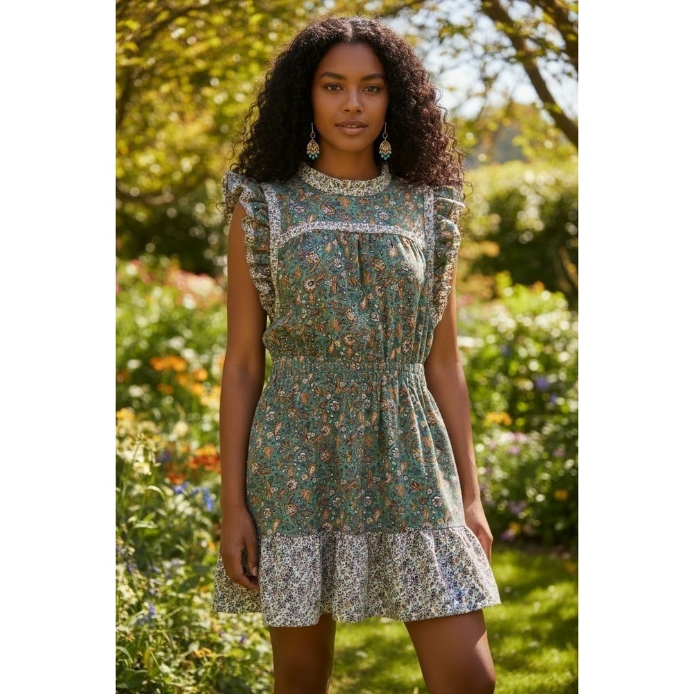 Universal Thread Dress Womens XXL Green Floral Flutter Sleeve Tiered Midi Cottag